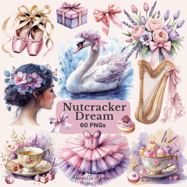 60 watercolor PNGs in a balletcore Christmas theme with commercial use included.