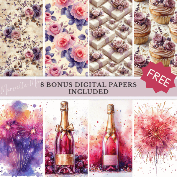 Champagne and roses digital paper for parties and new year 2026