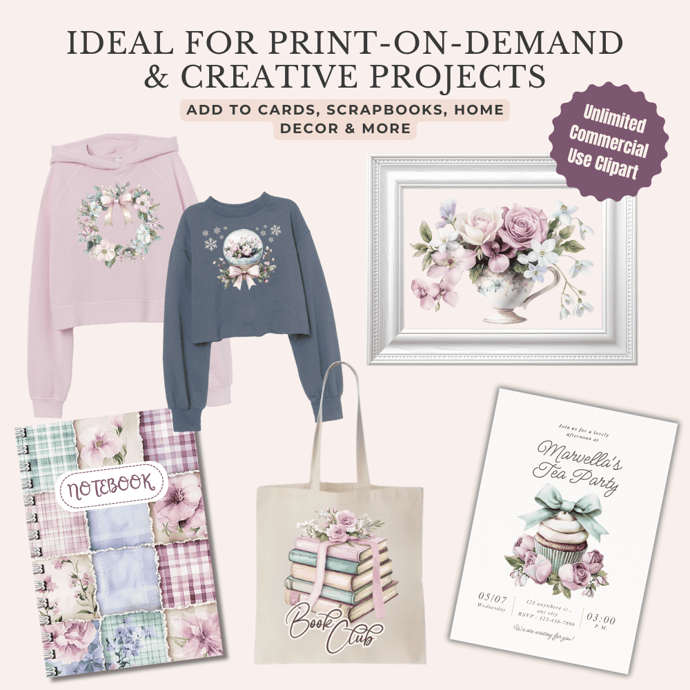 Craft and printable ideas using the Cutecore Winter Cottage bundle – shown on cards, tags, journals, wall art, and seasonal decorations