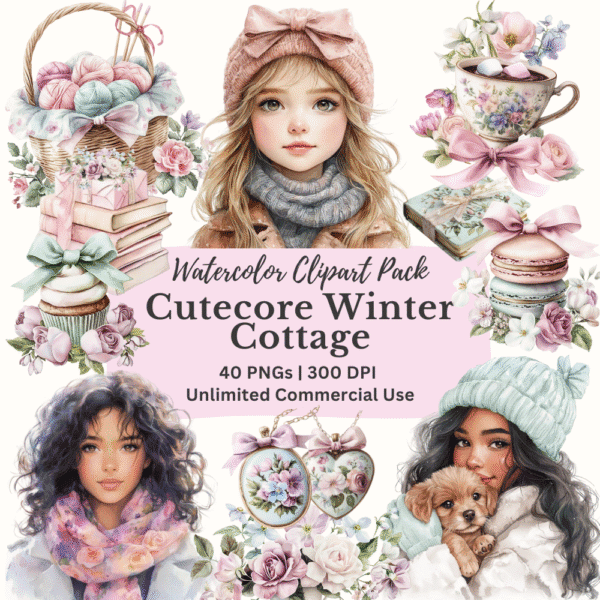 Cutecore Winter Cottage clipart bundle cover – soft watercolor illustrations of bows, teacups, pillows, and cozy winter elements in pastel pink, biscuit, mint, and periwinkle