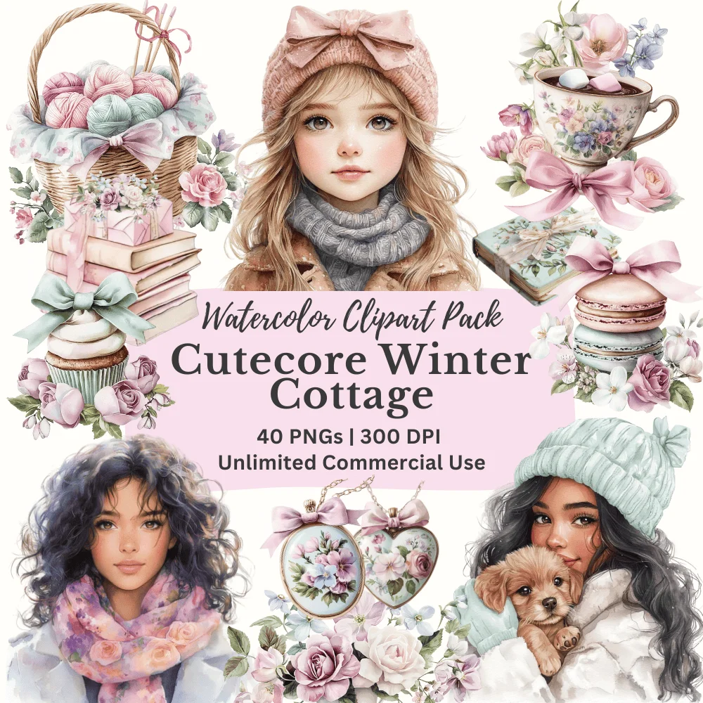 Cutecore Winter Cottage clipart bundle cover – soft watercolor illustrations of bows, teacups, pillows, and cozy winter elements in pastel pink, biscuit, mint, and periwinkle