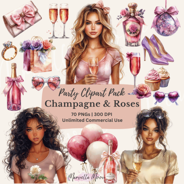 Festive feminine clipart illustration for parties, weddings, New Year, and celebrations