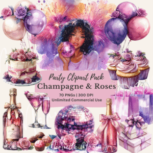 Girly party clipart bundle mockup with Champagne & Roses Party Pack