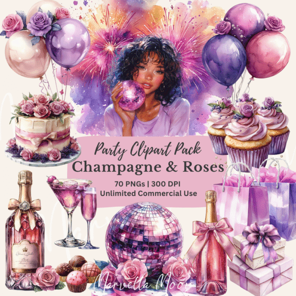 Girly party clipart bundle mockup with Champagne & Roses Party Pack