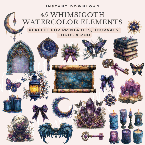 Whimsigoth Winter Clipart – Mystical Watercolor PNGs with Moons, Crystals & Characters - Image 4
