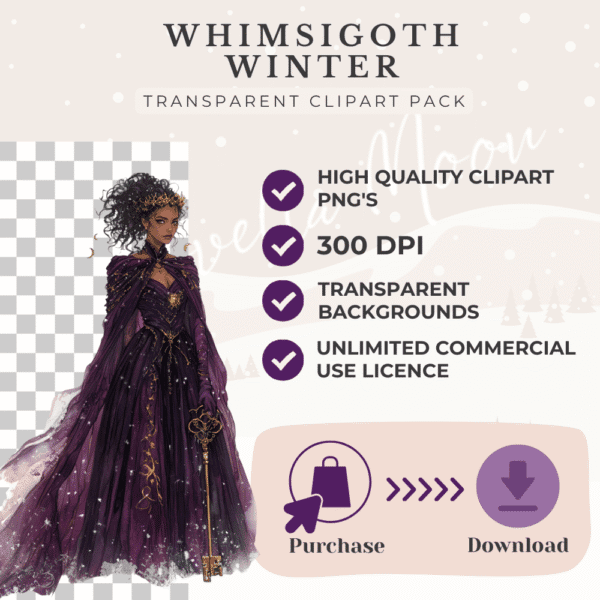 Whimsigoth Winter Clipart – Mystical Watercolor PNGs with Moons, Crystals & Characters - Image 6