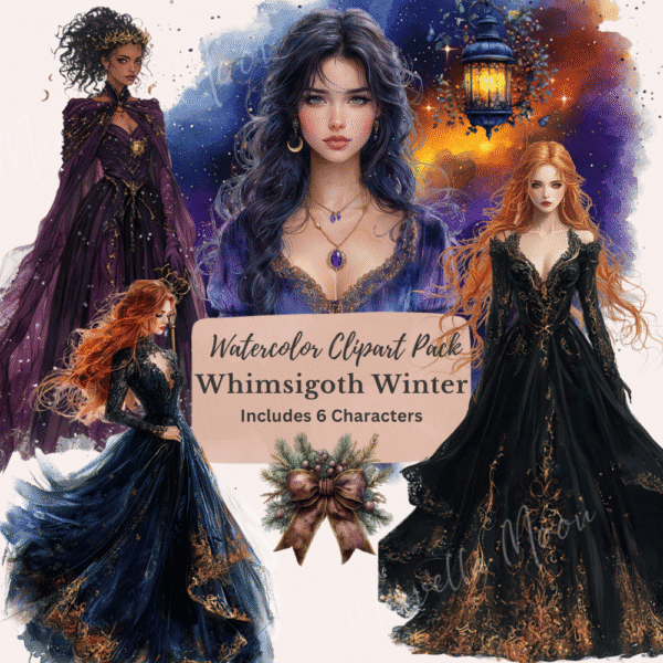 Whimsigoth Winter Clipart – Mystical Watercolor PNGs with Moons, Crystals & Characters - Image 2