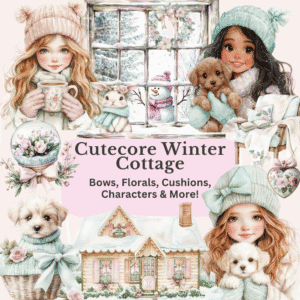 Overview of all 40 clipart elements from the Winter Cottage bundle – includes floral teacups, character portraits, cushions, bunnies, and cozy winter details in watercolor