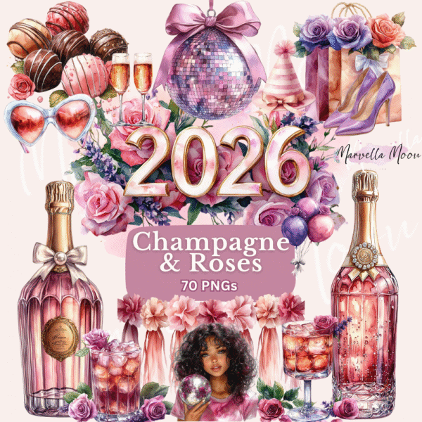 Party Clipart bundle with watercolor characters with champagne and roses