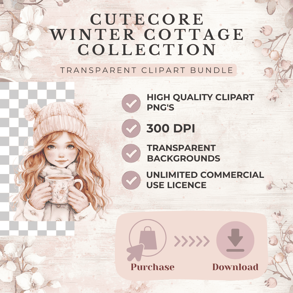 Product features list for Cutecore Winter Cottage bundle – includes PNG files, transparent backgrounds, 300 DPI, seamless patterns, and digital papers