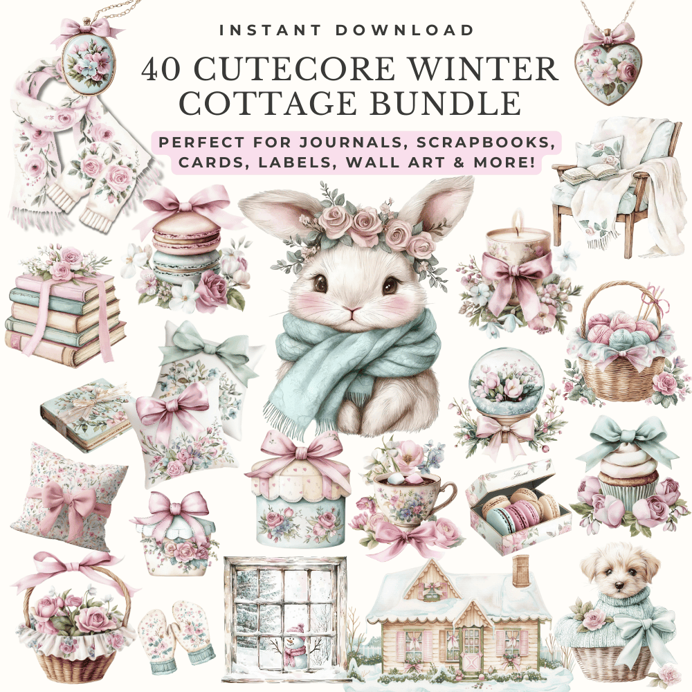 Supporting clipart elements – watercolor books, frosted windows, macarons, mittens, bunny in scarf, and vintage cozy accents in soft pastels