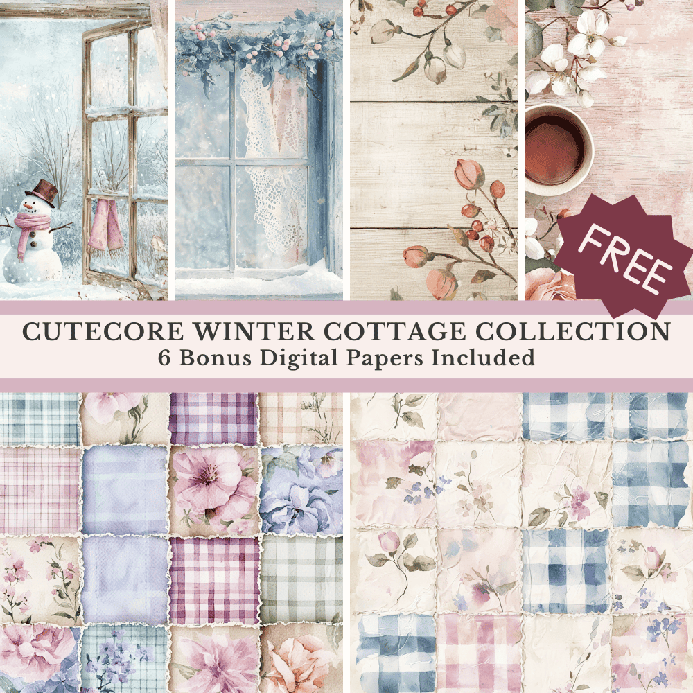 Textured watercolor digital papers – frosted windows, snowy cottage scenes, quilted backgrounds, and soft winter color washes in cozy style