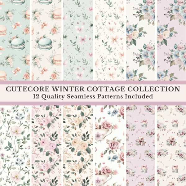 Textured watercolor seamless patterns – florals, teacups, roses and macarons