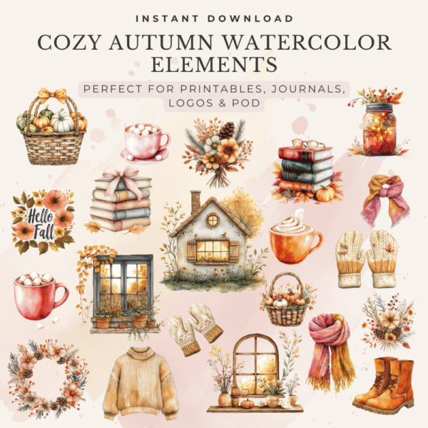 18 cozy autumn watercolor clipart elements – pumpkins, mugs, scarves, baskets, and falling leaves