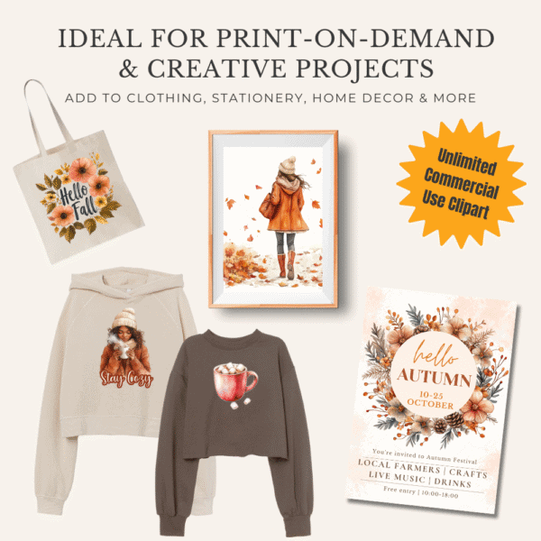 Hello Fall Girl clipart designs on tote bags, mugs, notebooks, and t-shirts – print-on-demand example