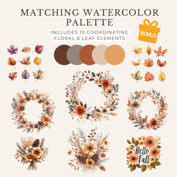Pumpkin spice, terracotta, dusty rose, mustard, and cream watercolor palette with matching floral clipart
