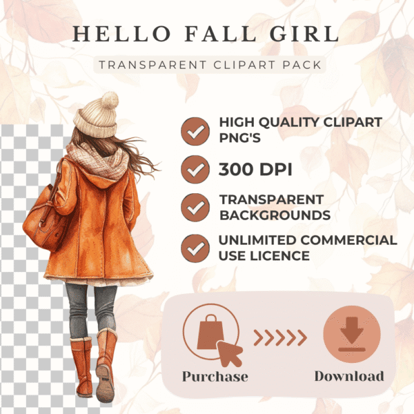 Hello Fall Girl Clipart Bundle features – 35 PNGs, 300 DPI, transparent background, commercial use