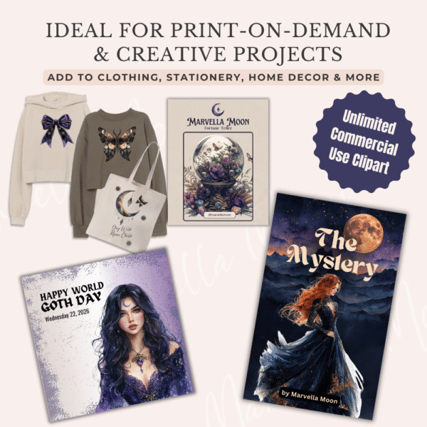 Whimsigoth Winter Clipart – Mystical Watercolor PNGs with Moons, Crystals & Characters - Image 7