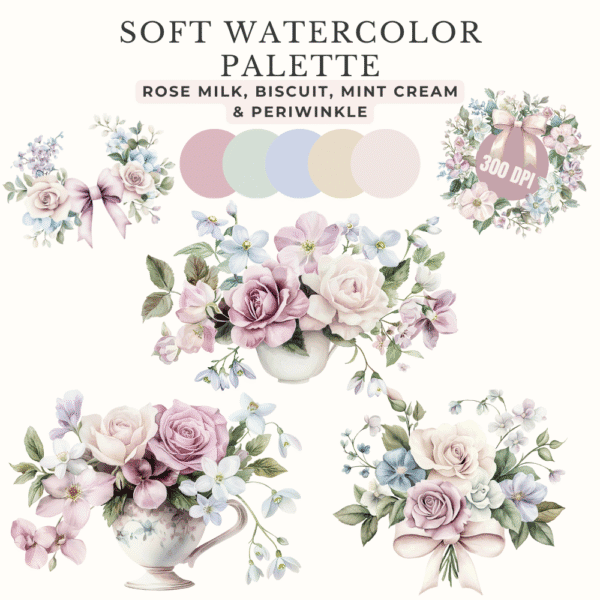 Winter floral elements – watercolor roses, eucalyptus leaves, mint sprigs, and winterberries in soft blush, biscuit, mint cream, and periwinkle