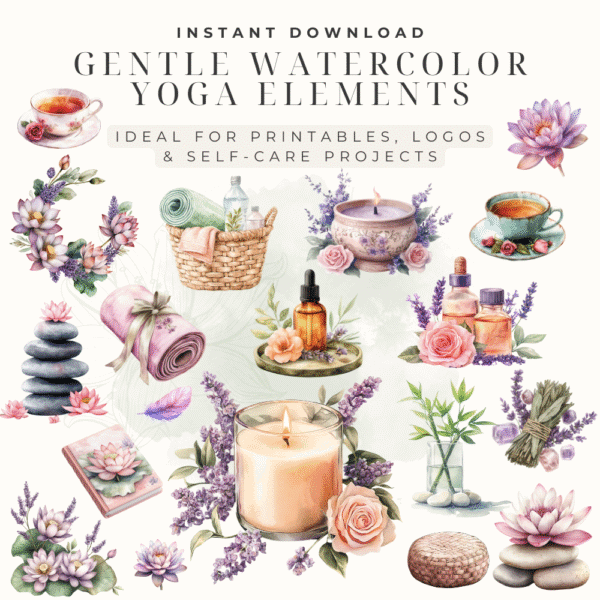 Yoga Girl Clipart Bundle – 25 Inspiring Watercolor PNGs with Meditation, Crystals & Wellness Florals - Image 6