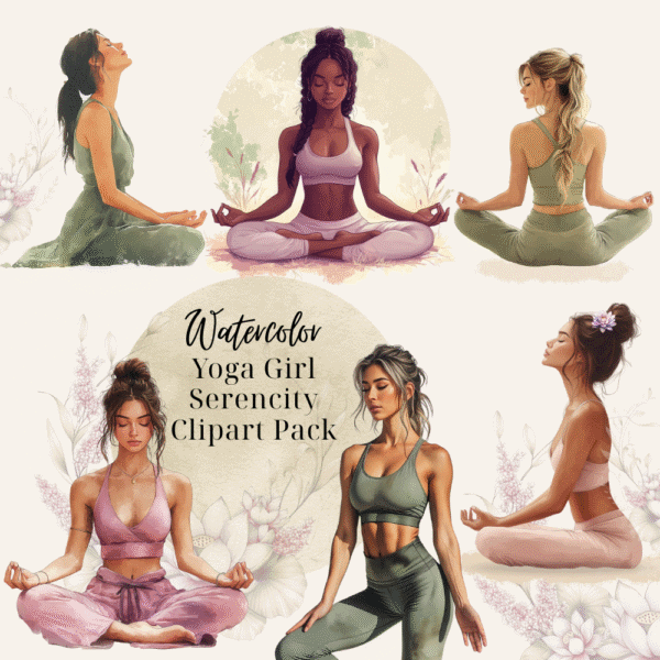 Yoga Girl Clipart Bundle – 25 Inspiring Watercolor PNGs with Meditation, Crystals & Wellness Florals - Image 3