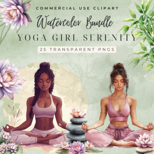 Yoga Girl Clipart Bundle – 25 Inspiring Watercolor PNGs with Meditation, Crystals & Wellness Florals - Image 2