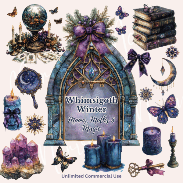 Whimsigoth Winter Clipart – Mystical Watercolor PNGs with Moons, Crystals & Characters - Image 3