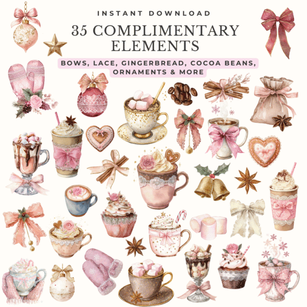 35 complimentary watercolor elements in a romantic festive color palette