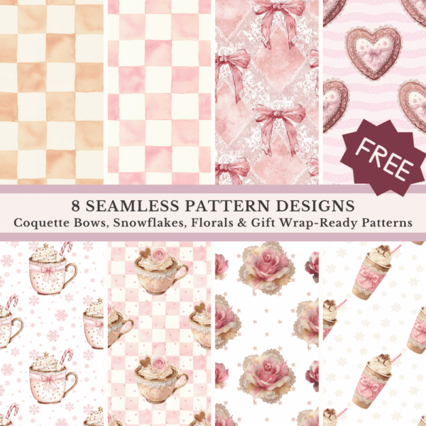 6 seamless festive patterns including coquette bows, snowflakes, florals, and vintage motifs designed for gift wrap and home decor