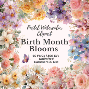 Birth Month Blooms Clipart Bundle – pastel watercolor birth flowers with satin bows in romantic hand-painted style