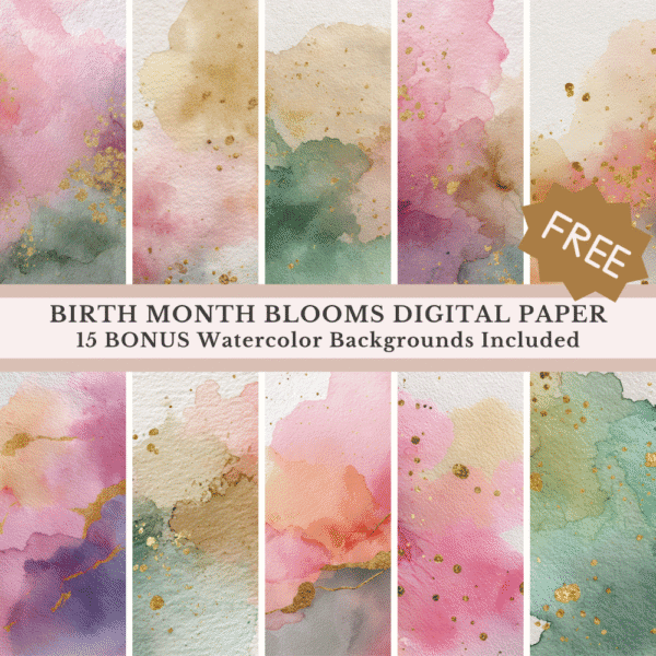 Bonus digital papers – soft watercolor textures in blush pink, champagne beige, lavender mist and sage green with subtle gold foil accents, pastel background graphics
