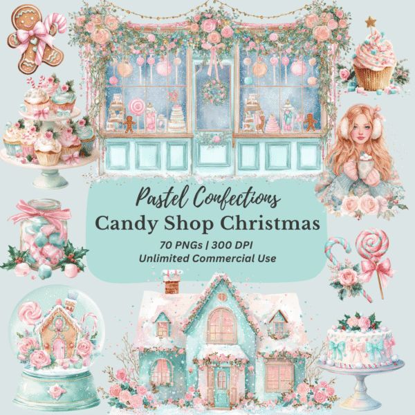 Candy Shop Christmas clipart bundle with festive candy details in soft pastel tones