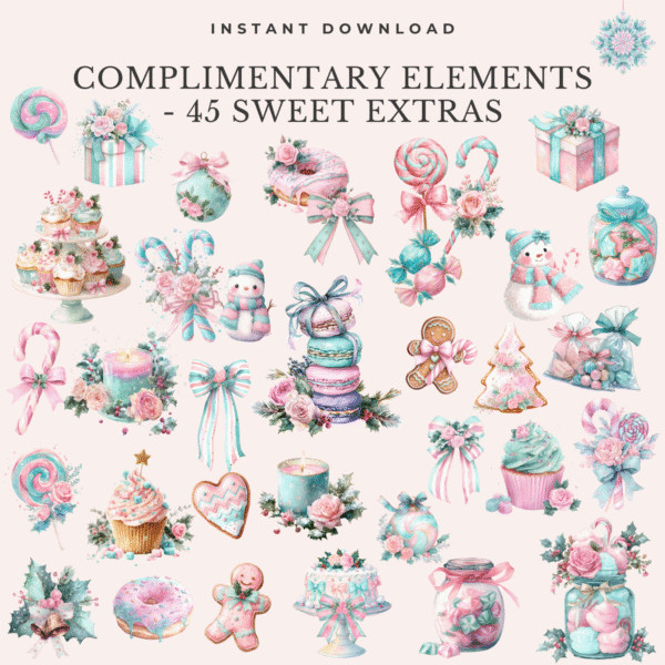 Christmas clipart elements, candy canes, cupcakes, ornaments, gifts, and festive sweets in watercolor style