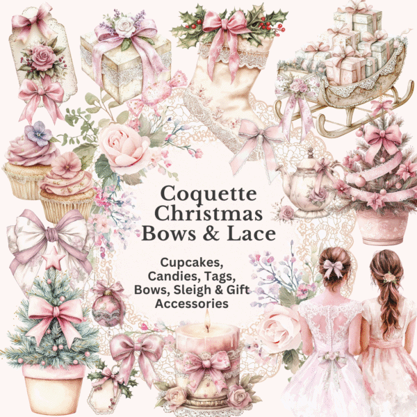 Christmas coquette clipart with romantic bows and lace, cupcakes, florals, sleigh, christmas trees and accessories