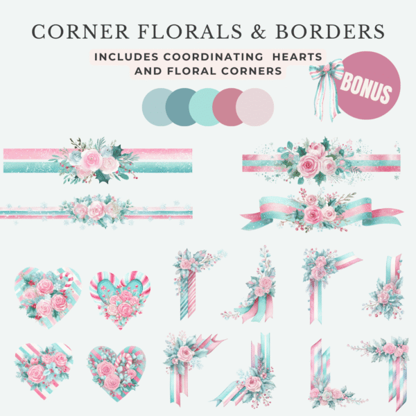 Christmas corner florals and ribbon borders with roses, candy cane stripes, and holly leaves, soft hand-drawn watercolor holiday clipart