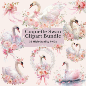 Coquette Swan Clipart Bundle with 35 high-resolution PNGs including swans, bows, frames, florals, and banners