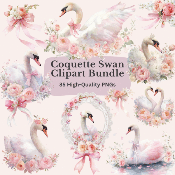 Coquette Swan Clipart Bundle with 35 high-resolution PNGs including swans, bows, frames, florals, and banners