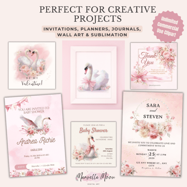 Creative mockup uses of Coquette Swan Clipart, including wedding invitations, planners, journals, wall art and sublimation projects