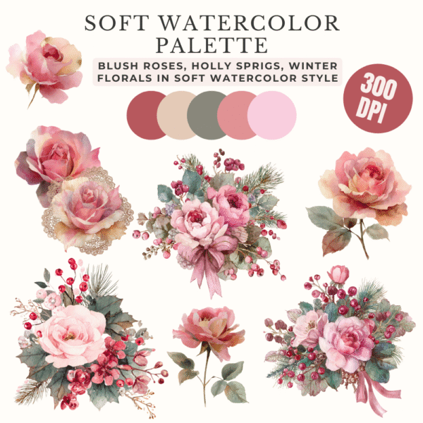 Floral Christmas clipart pieces including blush roses, holly leaves, and winter greenery in watercolor coquette style