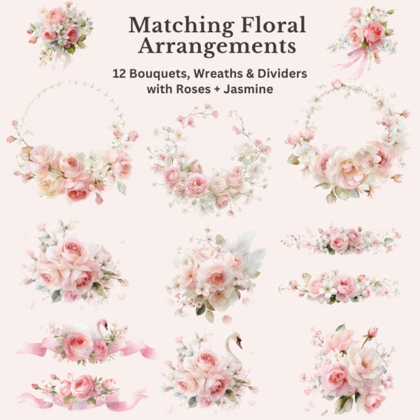 Floral arrangements from Coquette Swan Clipart Bundle, 10 rose and jasmine bouquets, wreaths, and floral dividers, PNG format