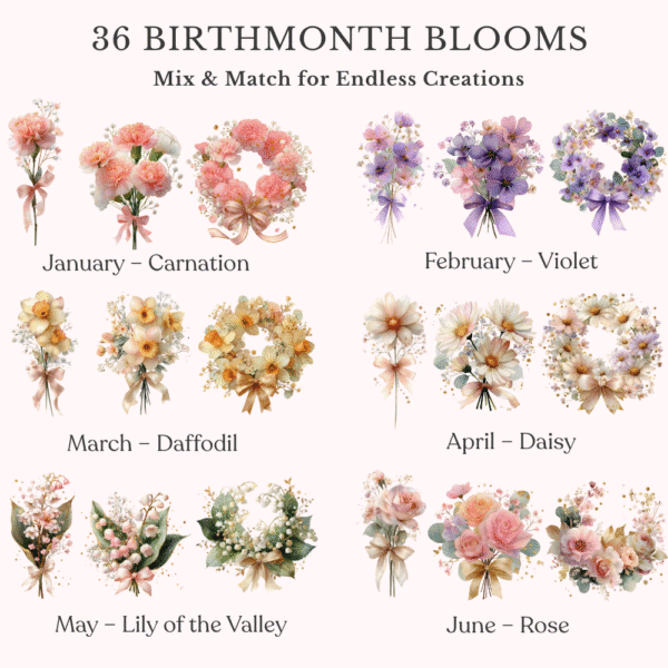 January to June floral graphics including single flowers, bouquets and wreaths with satin bows