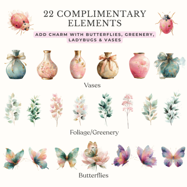 Pastel watercolor complimentary elements – foliage greenery, butterflies, ladybugs and soft vases