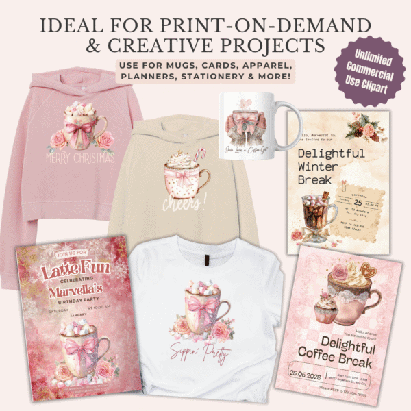 Product mockups showing coffee clipart designs on mugs, greeting cards, pillows, and apparel in cozy feminine Christmas settings