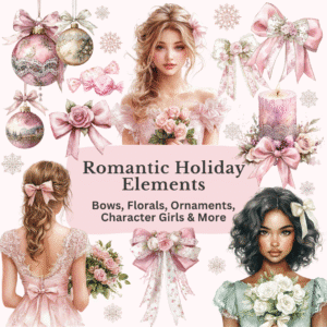 Romantic Holiday Clipart Bundle with bows, florals, ornaments and character girls