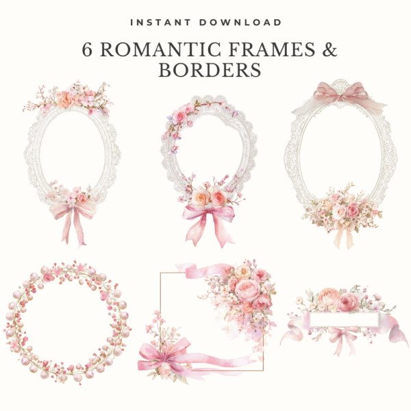 Romantic lace and floral frames from Coquette Swan Clipart Bundle, 6 elegant frame designs with roses, jasmine, and pearl accents