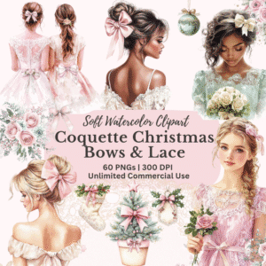 Soft watercolor clipart bundle with Coquette theme Christmas bows and lace