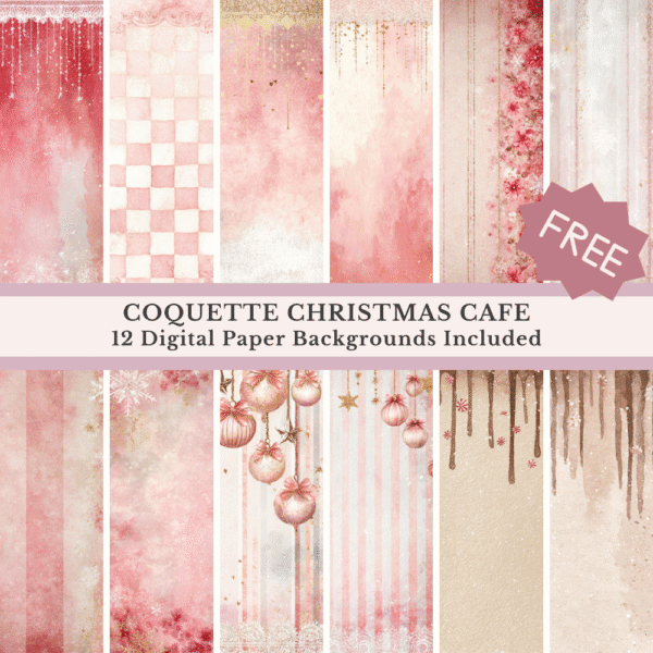 digital paper backgrounds with lace drips, stripes, florals, and snowflake textures in a shabby chic holiday theme
