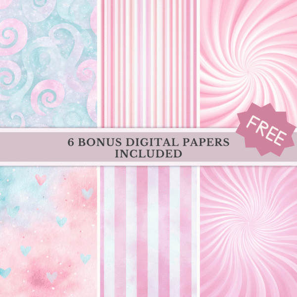 pastel digital paper backg in pink and aqua, stripes, swirls and snowy dots, perfect for festive holiday projects