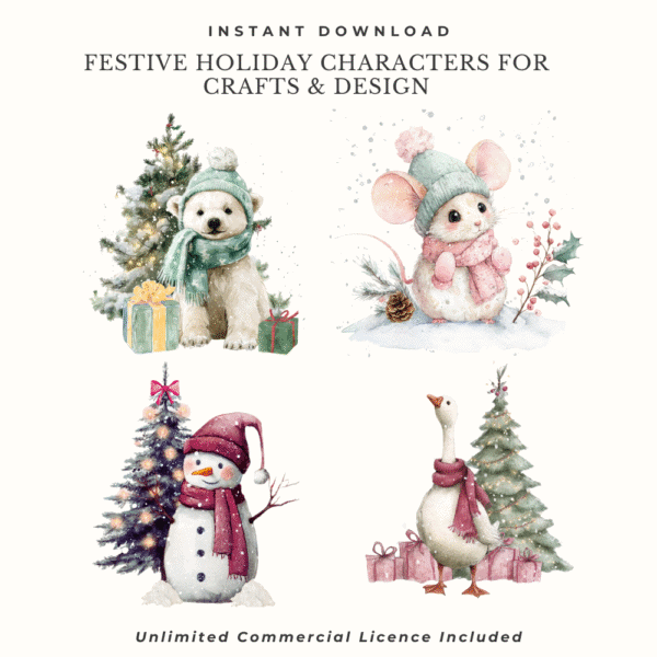 Christmas Winter Animals Clipart: 20 Cute Watercolor PNGs with Snowy Backgrounds for Junk Journals & Holiday Card Making (Digital Download) - Image 3