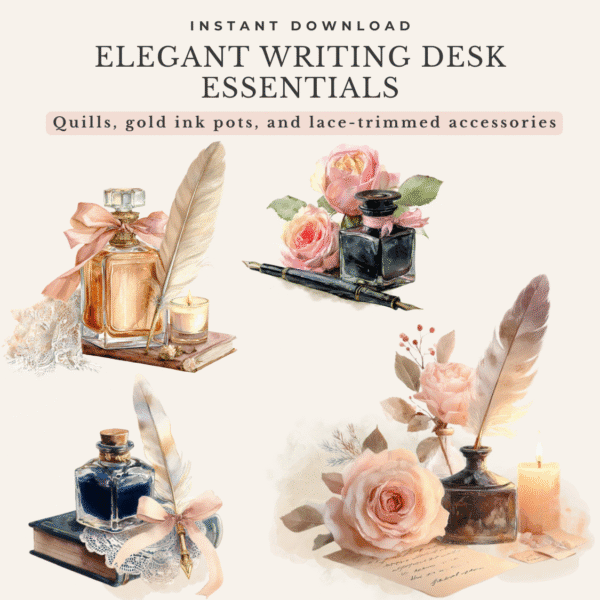 Antique quill pens and gold ink bottles with lace and ribbon accents in dreamy vintage style